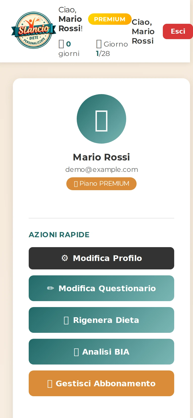 Dashboard Slancio - Profilo Utente e Statistiche Nutrizionali